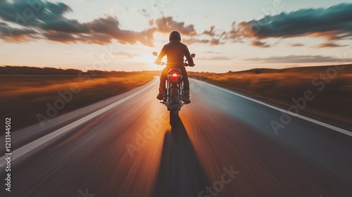 A motorcyclist rides down a long open road at sunset, surrounded by warm golden light and picturesque landscapes.
