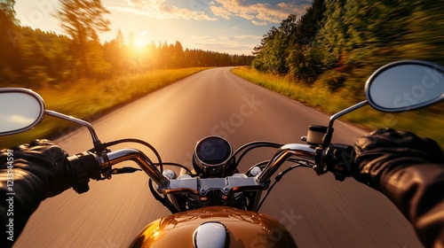 View from a motorcyclist’s perspective, riding down a serene open road surrounded by trees and golden sunlight.