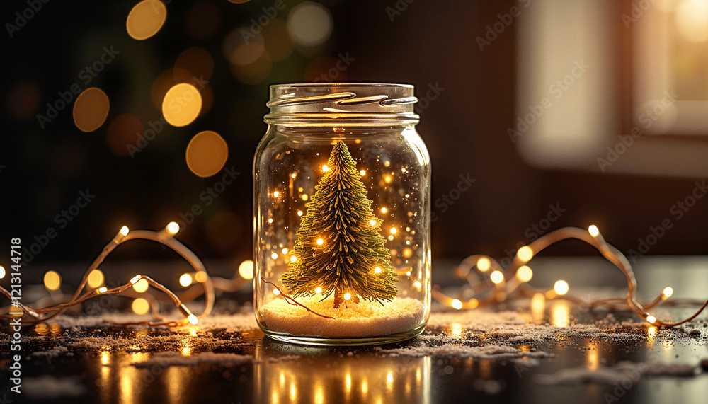 Christmas tree in jar with fairy lights and bokeh Christmas tree in jar with fairy lights and bokeh