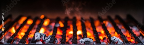 Bright glowing coals heat up a barbecue grill, creating an inviting atmosphere for cooking delicious meats and vegetables during a summer outdoor gathering with friends and family photo