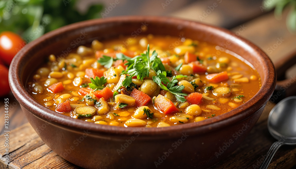 Hearty vegetable minestrone soup in rustic bowl Hearty vegetable minestrone soup in rustic bowl