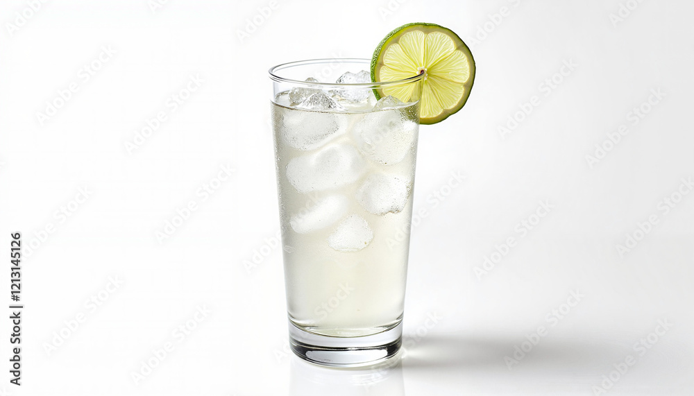 Refreshing lime soda with ice in glass on white background Refreshing lime soda with ice in glass on white background