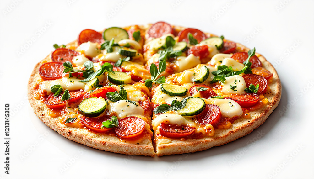 Colorful vegetable pizza with mozzarella on white background Colorful vegetable pizza with mozzarella on white background