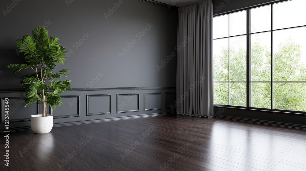 Fototapeta premium Dark room interior design, plant, window view