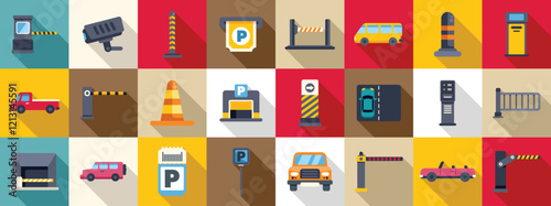 Underground parking lot icons set. Parking icons depict various elements related to parking management, access control, and security measures in parking areas