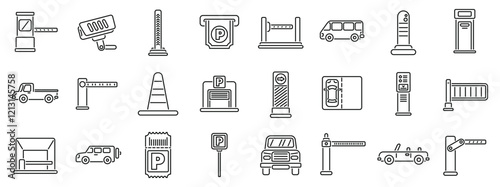 Underground parking lot icons set. Parking icons depict cars, trucks, and vans using parking facilities, emphasizing security, access control, and payment