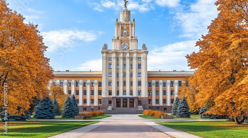 Majestic University Building, Moscow, Russia. Stalinist Architecture Landmark on Sunny Autumn Day