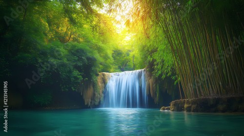 A tranquil bamboo grove with a cascading waterfall in the background, vibrant colors capturing the beauty of the landscape and peaceful environment. Waterfall Grove. Illustration