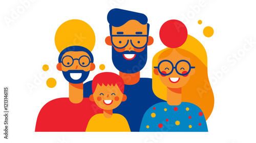vibrant vector illustration, simple colors and shapes, flat design, happy caucasian family with father mother and child, isolated on white. Togetherness concept.