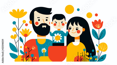 vibrant vector illustration, simple colors and shapes, flat design, happy caucasian family with father mother and child, isolated on white. Togetherness concept.