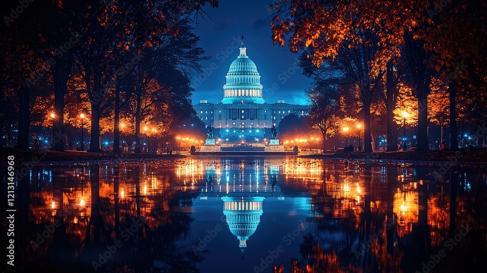 Obraz premium Night view of the US Capitol building reflecting in water
