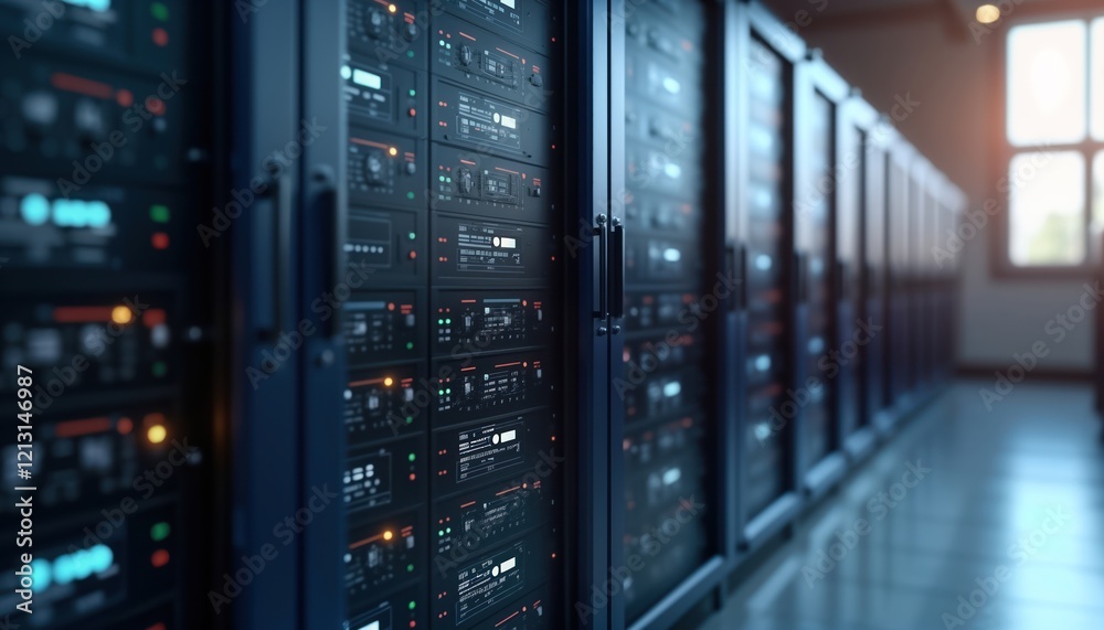 Massive server racks fill modern data center. Tech innovation in energy storage visualized. Grid integration with renewable eco energy highlighted. Sustainable future power solution. Electric grid Massive server racks fill modern data center. Tech innovation in energy storage visualized. Grid integration with renewable eco energy highlighted. Sustainable future power solution. Electric grid