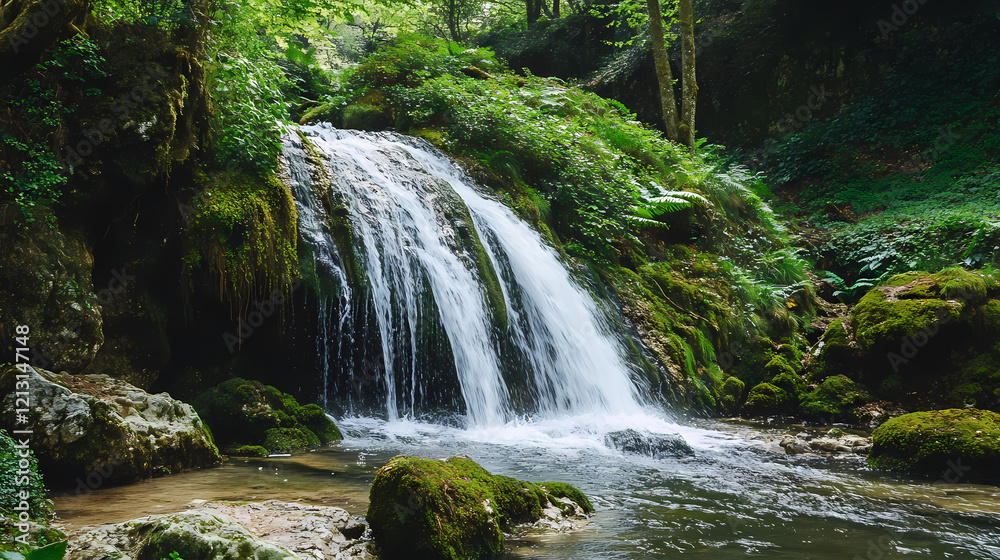 Fototapeta premium Enchanted waterfall in a mossy forest. Waterfall Grove. Illustration