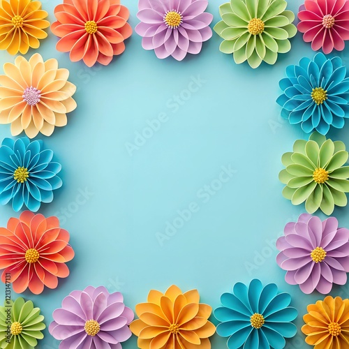 Handmade paper flowers on a light blue background with empty space in the center