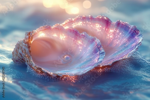 iridescent oyster shells nestled in azure waters emanating ethereal pearllike luminescence macro photography with soft lighting and dreamy bokeh effects photo