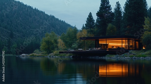 Lakeside modern cabin at dusk, mountain backdrop, tranquil scene, ideal for real estate