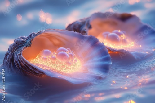 iridescent oyster shells nestled in azure waters emanating ethereal pearllike luminescence macro photography with soft lighting and dreamy bokeh effects photo