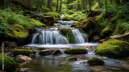 Enchanted waterfall in a mossy grove: a serene escape into nature's embrace. Waterfall Grove. Illustration