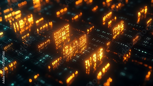 Close-up of glowing blockchain links forming a strong and secure encryption system