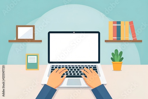 Hands in work at laptop keyboard with blank monitor screen at table. Work place at home. Vector illustration. EPS 10