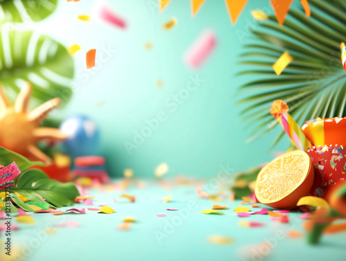 Fundo de Carnaval com cores vibrantes e folhas, tudo inspirado no tropical com frutas cítricas e chuva de confete photo