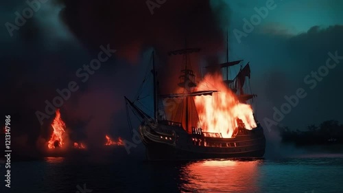 Scene of a burning pirate ship in a dark sea, smooth repeating motion for background video animation.