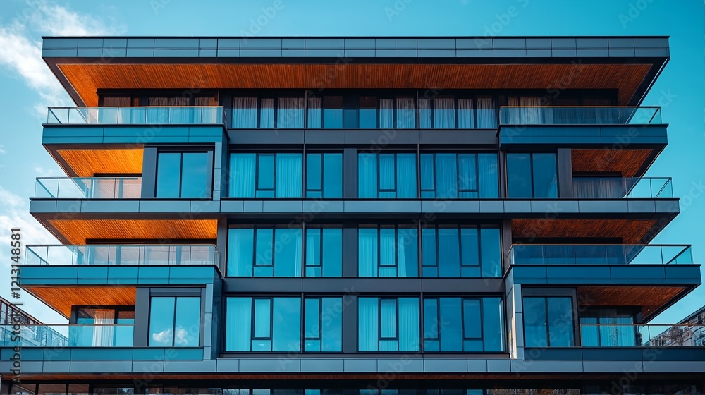 Obraz premium modern apartment building with glass balconies and wood accents.