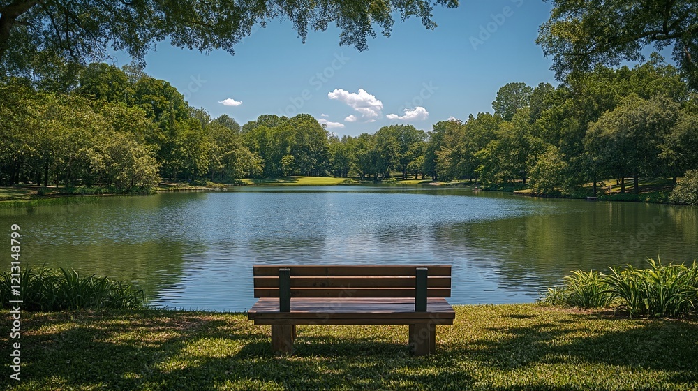 A serene scene featuring a wooden bench situated on the grassy bank of a tranquil lake, surrounded by lush greenery and set against a backdrop of a clear blue sky. A serene scene featuring a wooden bench situated on the grassy bank of a tranquil lake, surrounded by lush greenery and set against a backdrop of a clear blue sky.