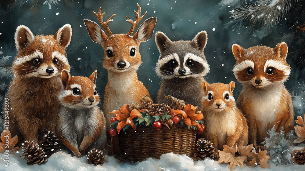 Joyful Gathering of Forest Animals in a Winter Wonderland Setting Celebrating Nature's Beauty Joyful Gathering of Forest Animals in a Winter Wonderland Setting Celebrating Nature's Beauty