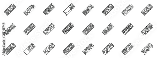 Muesli bar icons set. Cereal bars made with nuts, seeds, and other ingredients, showcasing different packaging options