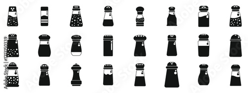 Pepper shaker icons set. Black silhouettes of salt and pepper shakers isolated on white background