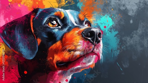 A colorful painting of a dachshund's head.