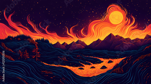 A wild expanse of wilderness ablaze, fiery flames consuming the landscape, with glowing embers flying in the chaotic outburst of nature s wrath. Wild Expanse. Illustration photo