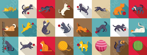 Cat playing yarn ball icons set. Cats of various breeds enjoying playtime with colorful yarn balls, showcasing different playful poses and interactions