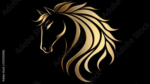 Golden equine silhouette with flowing mane on black background. 2026 year horse according calendar photo