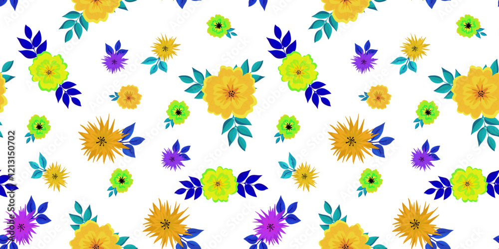 Obraz premium Floral seamless vector pattern in minimalist style, blue yellow green blue and white background, bright colors