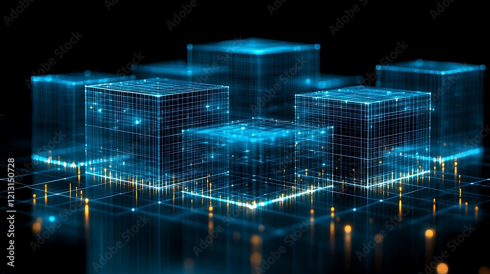 Fototapeta premium A futuristic digital artwork of glowing cubes forming a complex 3D structure.