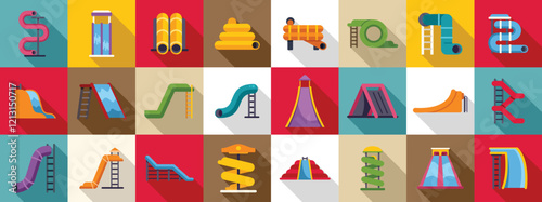 Water slide icons set. Colorful set of water slides, pipes, and other attractions for a fun filled summer at the water park