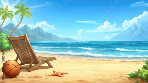 Tropical beach scene with wooden chair, palm trees, basketball, and starfish photo