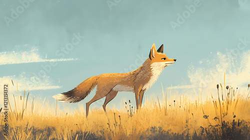 In the vast expanse of the wilderness, a sleek coyote prowls silently through the grass, its keen senses attuned to the rhythms of the natural world. Wild Expanse. Illustration