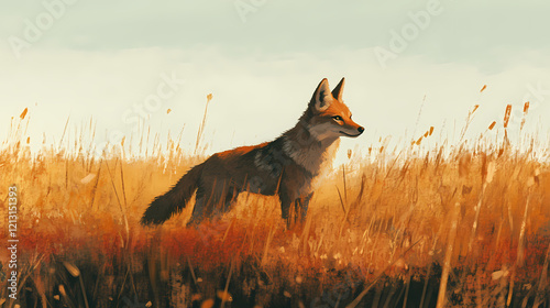 In the vast expanse of the wilderness, a sleek coyote prowls silently through the grass, its keen senses attuned to the rhythms of the natural world. Wild Expanse. Illustration