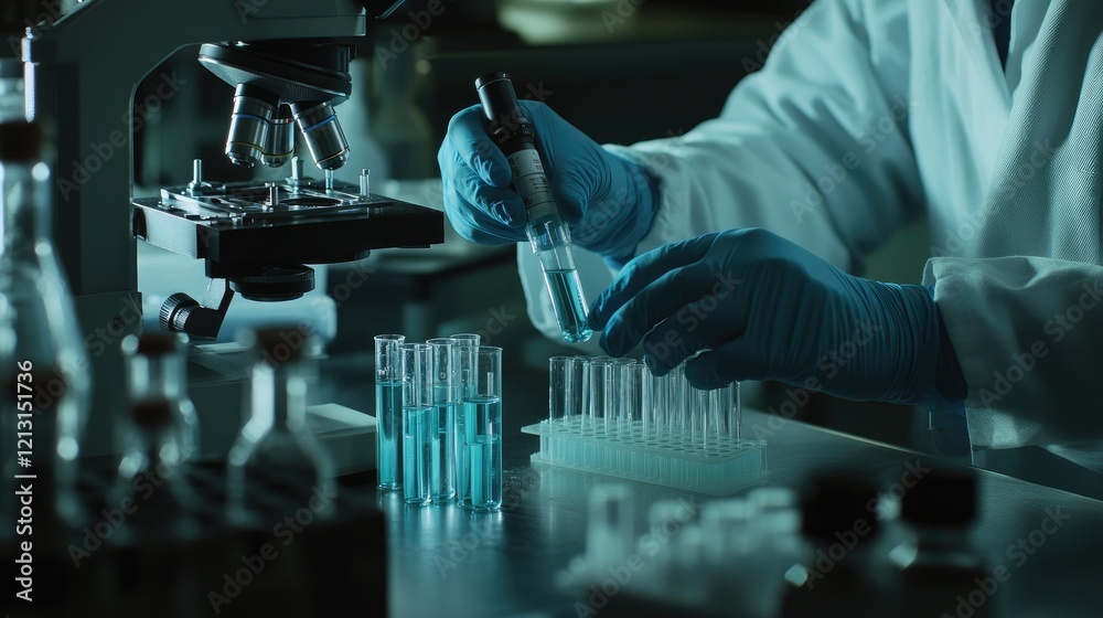 Working in micro labs to analyze human health in a hospital glare of orange light