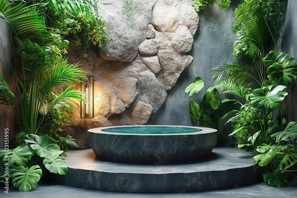 junglethemed 3d podium design with textured stone surface surrounded by lush greenery and vibrant tropical plants minimalistic and modern aesthetic junglethemed 3d podium design with textured stone surface surrounded by lush greenery and vibrant tropical plants minimalistic and modern aesthetic