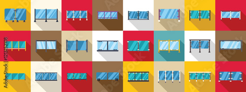 Glass banister balcony icons set. Flat vector set of different glass railing protecting from falling, modern balcony fence or terrace barrier icons set
