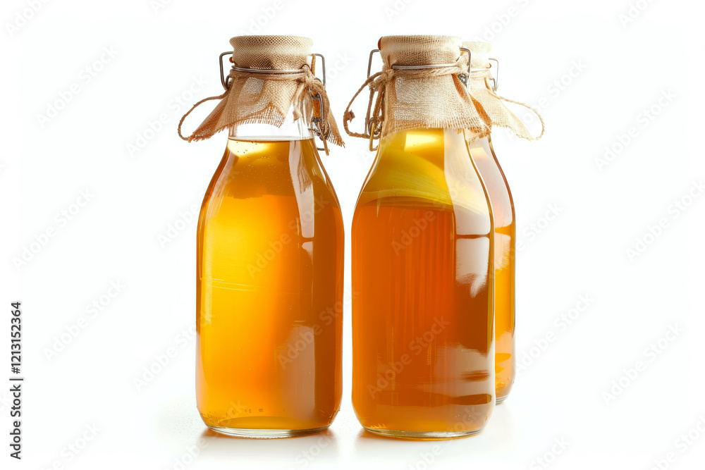Three glass bottles filled with a golden liquid are sealed with fabric on a white background. Concept of homemade beverages or condiments. For food product packaging. Three glass bottles filled with a golden liquid are sealed with fabric on a white background. Concept of homemade beverages or condiments. For food product packaging.