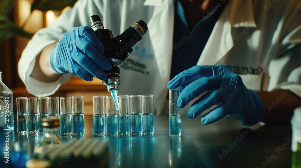 Working in micro labs to analyze human health in a hospital glare of orange light Working in micro labs to analyze human health in a hospital glare of orange light