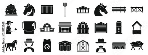 Farm stable icons set. Horse and farm icons depicting various aspects of horse care, including feeding, housing, and farm facilities