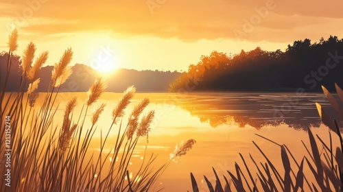 A tranquil lakeside with tall reeds swaying in the breeze and the sun casting golden reflections on the water  photo