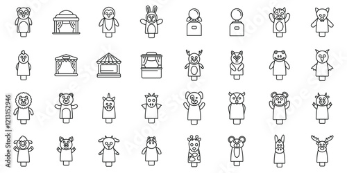 Puppets show icons set. Finger puppets depicting animals and fantasy creatures, alongside puppet show stages, create a playful and engaging scene