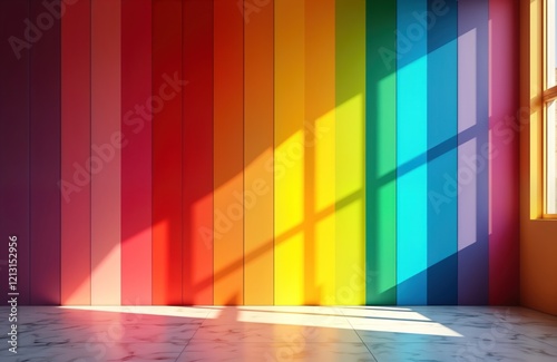 Colorful rainbow wall design creates vibrant room. Sunlight casts shadows on colorful wall. Interior design with bright colors. Modern room with fun, playful style. Interior scene with bright colors, photo